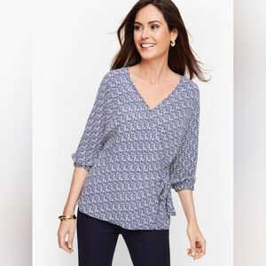 Talbots‎ Side Tie Faux Wrap Top 3X Blue Scroll V-neck 3/4 Sleeve Slimming NEW